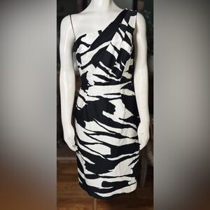 Charles Chang-Lima Black & White Zebra Print One Shoulder Cotton Dress, Szs 8-10